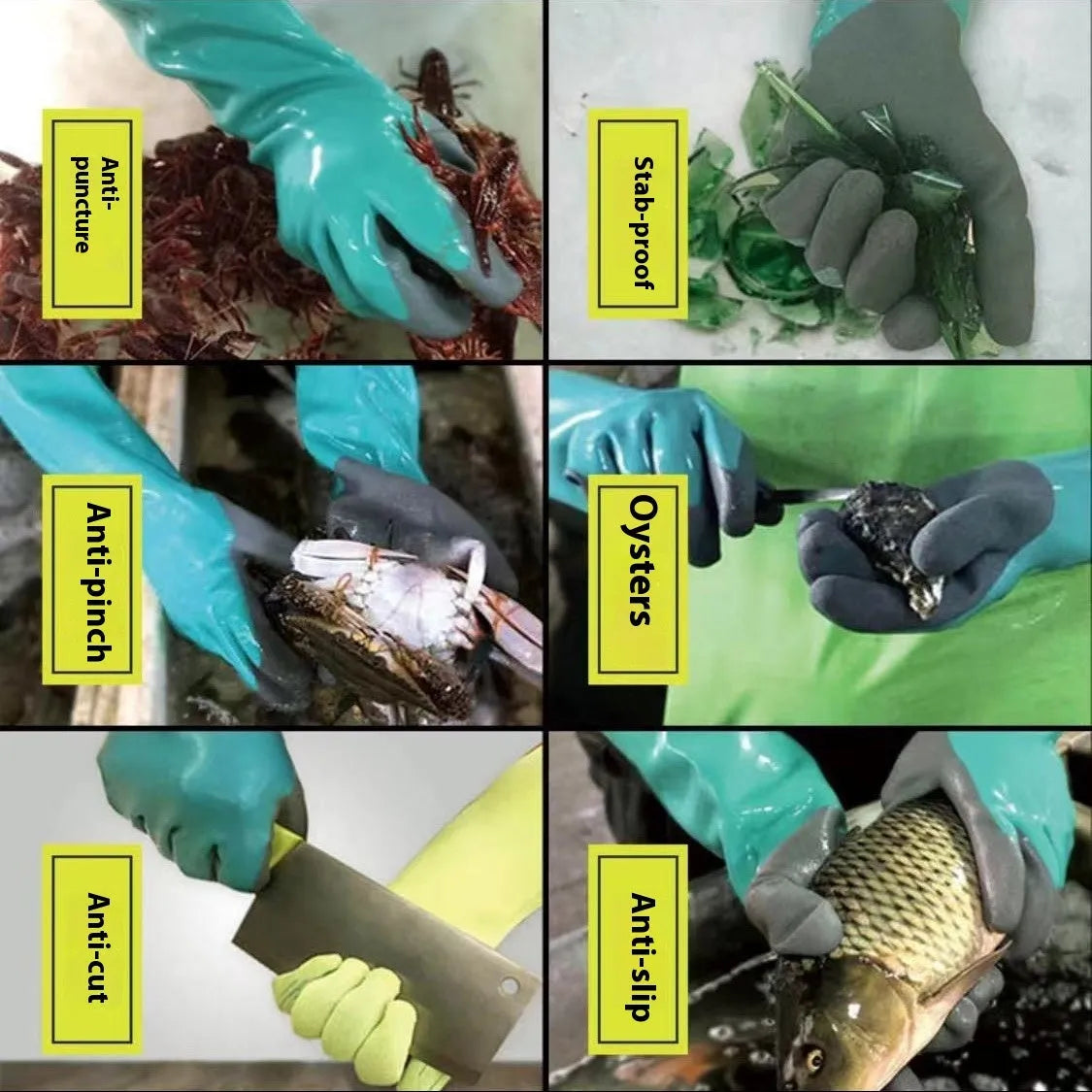 Women's navy blue nitrile waterproof fishing gloves shown in short and lengthened sizes.