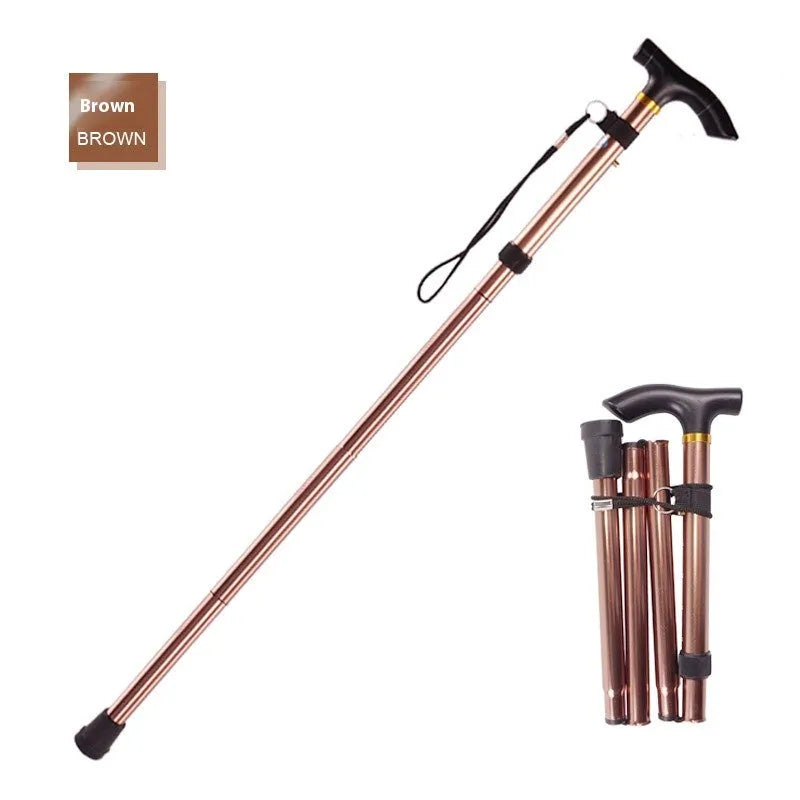 Aluminium alloy folding walking cane with non-slip handle, shown in an adjustable length from 85 to 95 cm.