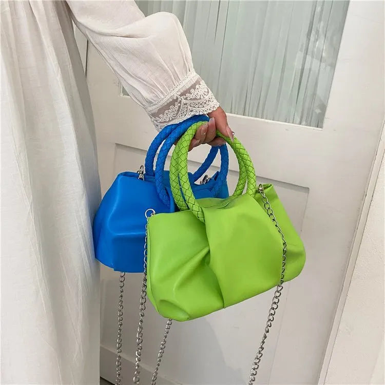 Portable Cloud pleated tote chain crossbody bag in white, small horizontal square PU design