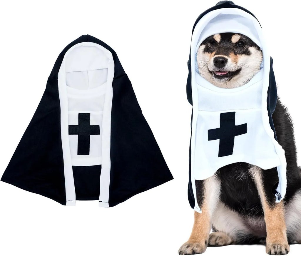Black and white nun costume for small to medium dogs with polyester cloak