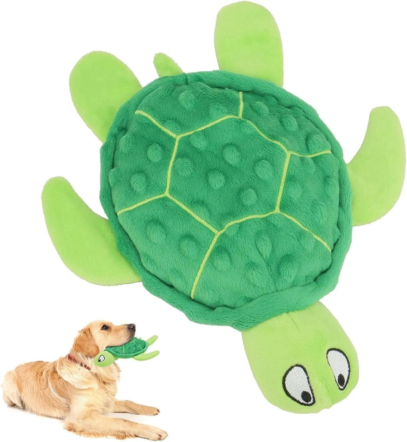 Blue sea turtle plush dog toy with composite mesh construction and no stuffing
