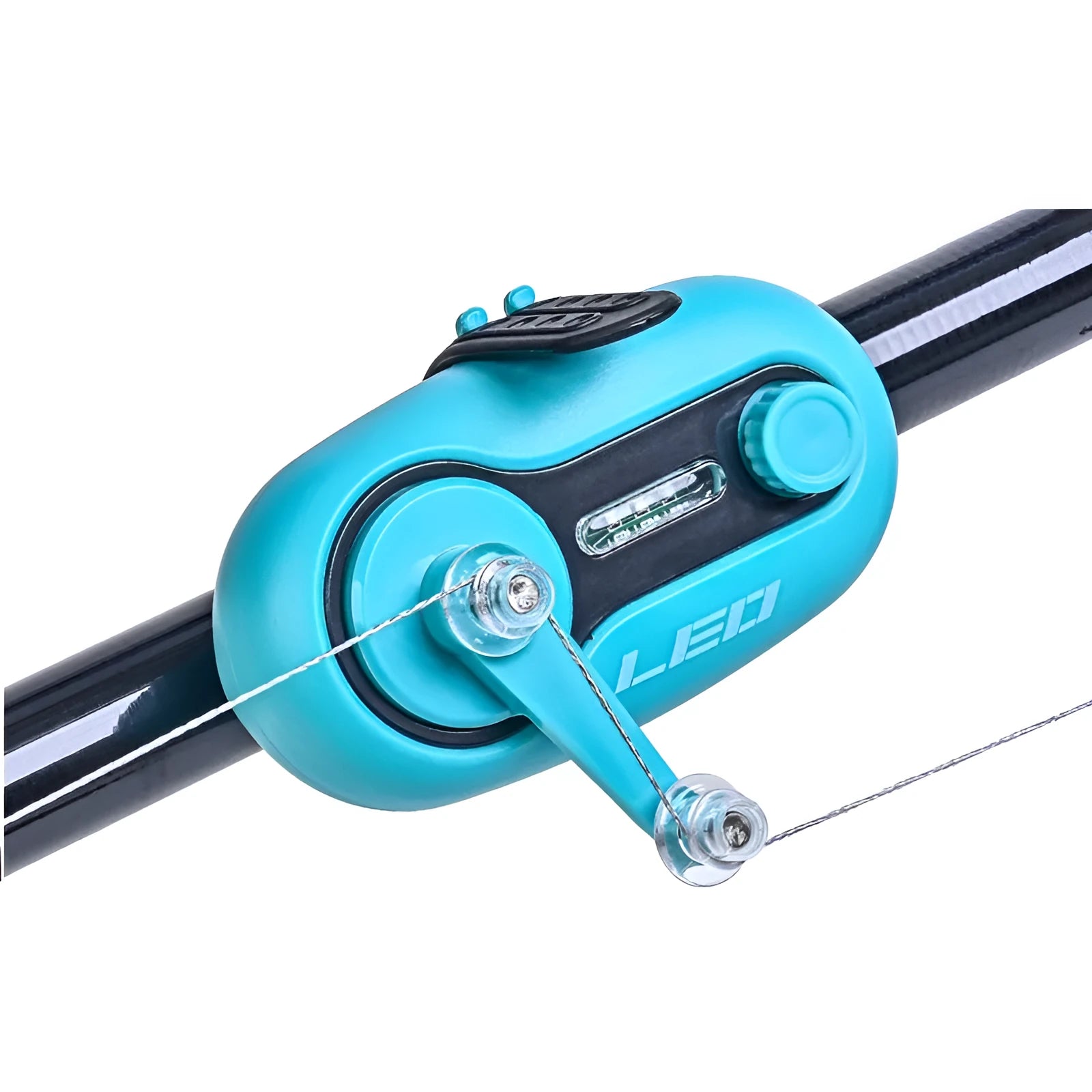 Fishing rod alarm with automatic signal lamp in blue or black colours for night fishing