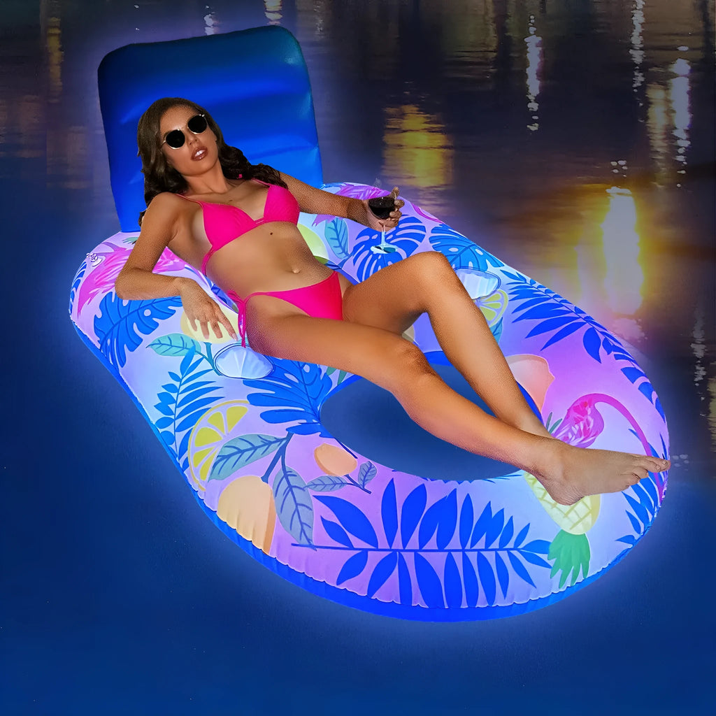 White luminous inflatable pool floating bed with backrest recliner on blue water