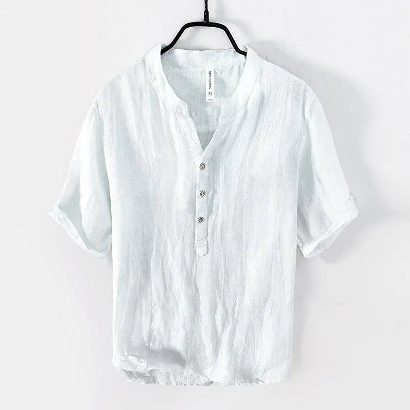 Retro linen pullover top in grey, shown on a model, featuring short sleeves and a solid colour.
