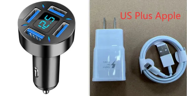Four-port USB car charger with LED digital voltage display showing 12V.