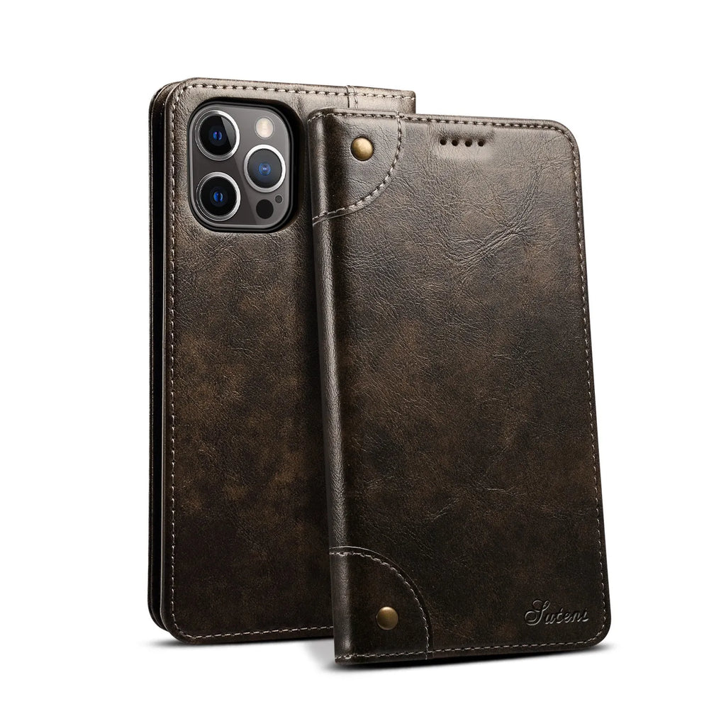 Flip magnetic card holster phone case in black, handmade PU TPU, with bracket, for iPhone 13