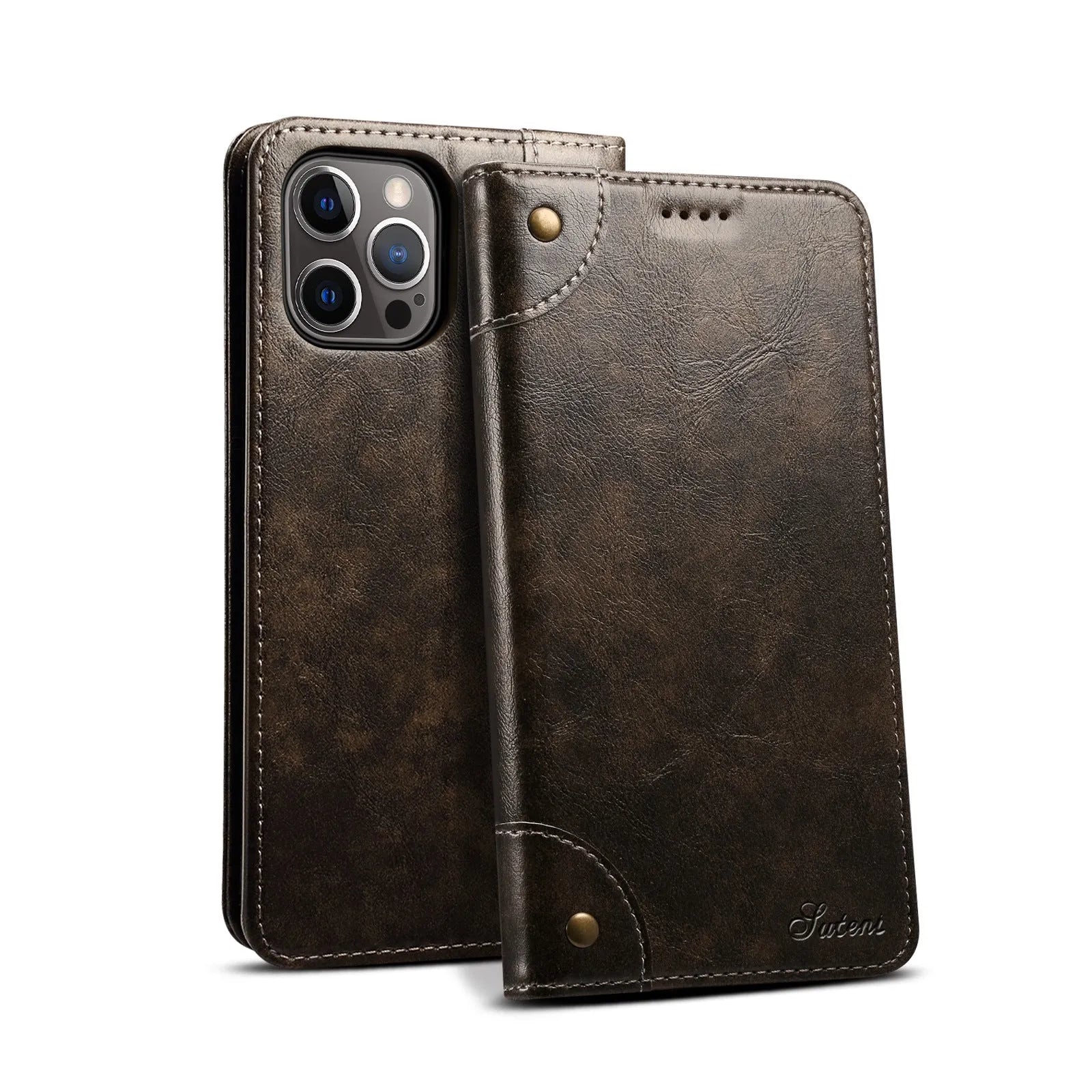 Flip magnetic card holster phone case in black, handmade PU TPU, with bracket, for iPhone 13