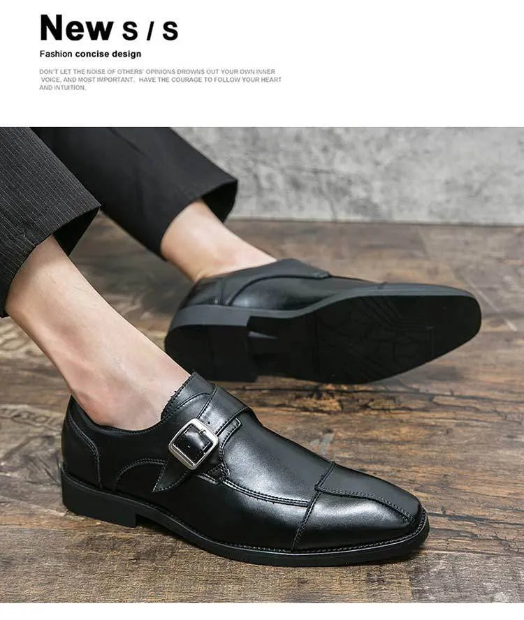Men's British style casual leather shoes with retro buckle in black and brown blue options