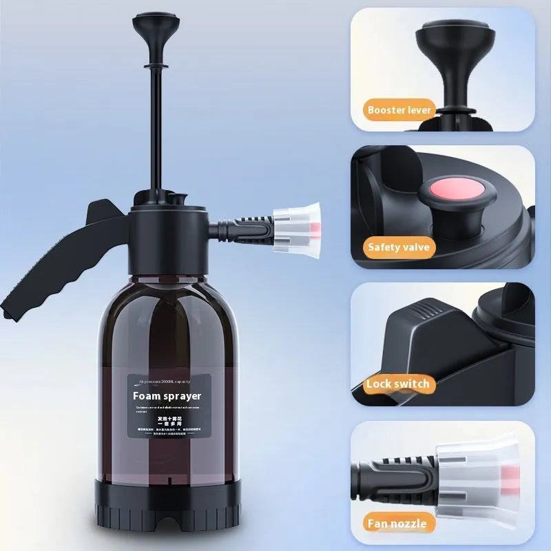 Black 2L foam watering can sprayer with ergonomic handle and two nozzles for car washing and gardening