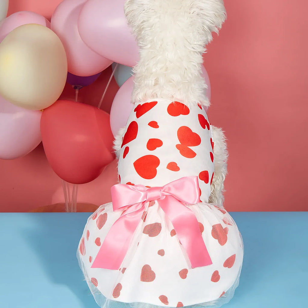 Pet dog or cat wearing full printed Valentine's Day love dress in white, polyester princess style, side view