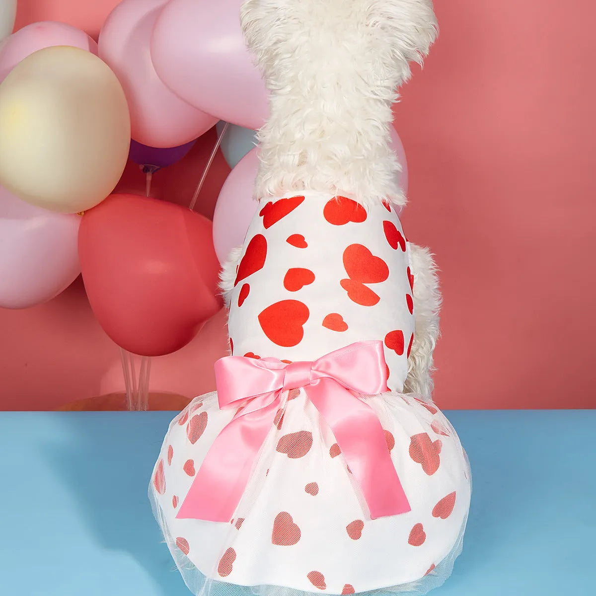 Pet dog or cat wearing full printed Valentine's Day love dress in white, polyester princess style, side view