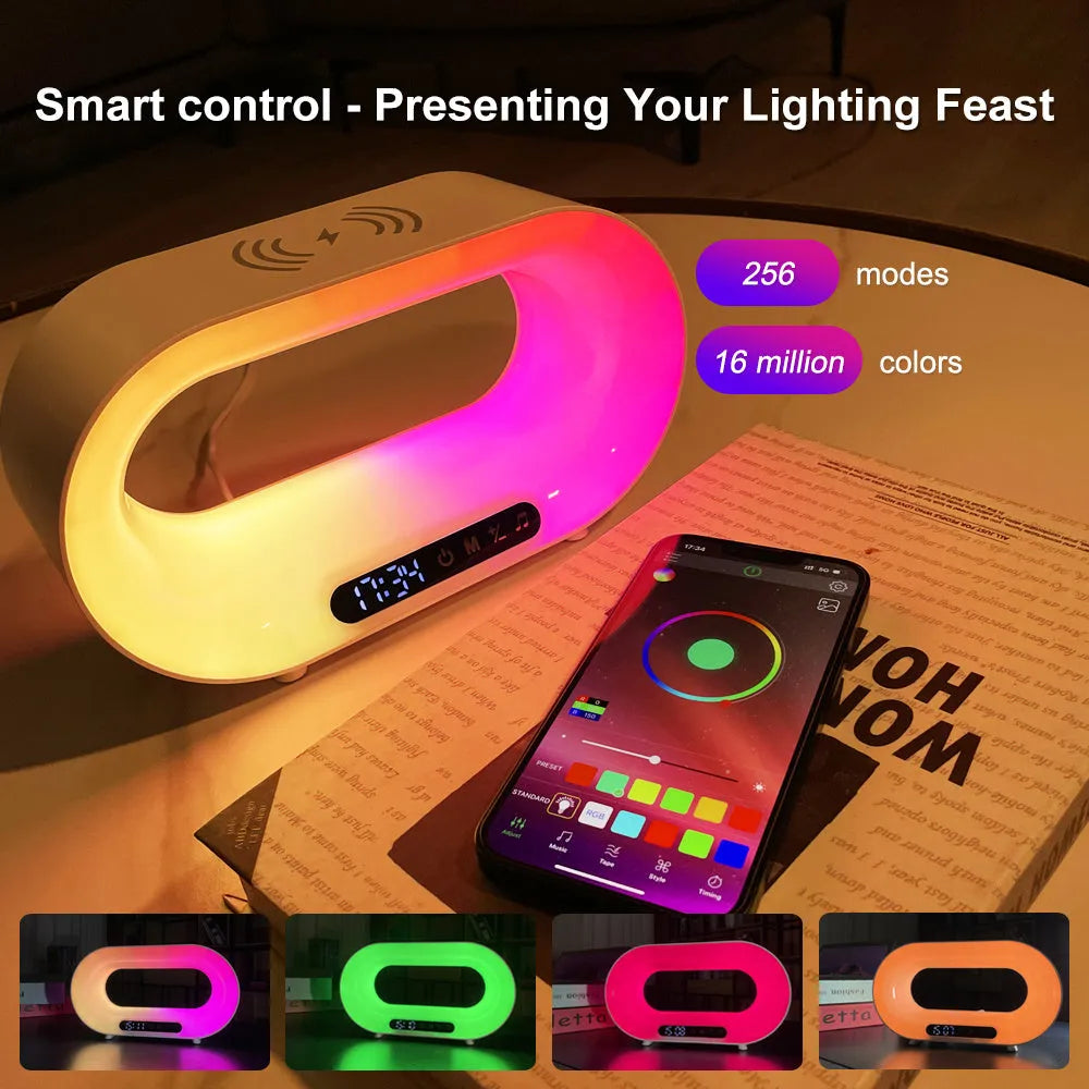 White smart desk lamp with wireless charging pad, alarm clock display, and RGB lighting measuring 23.8 x 7.8 x 13.5 cm