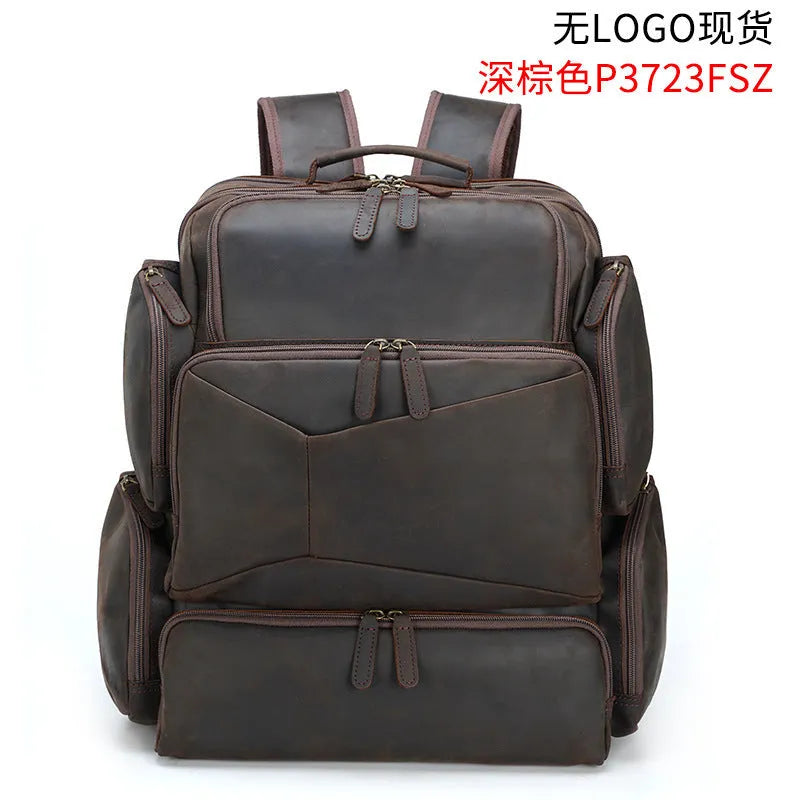 Dark brown retro crazy horse leather men's backpack showing external pockets and internal organiser for a 17-inch laptop.