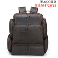 Dark brown retro crazy horse leather men's backpack showing external pockets and internal organiser for a 17-inch laptop.