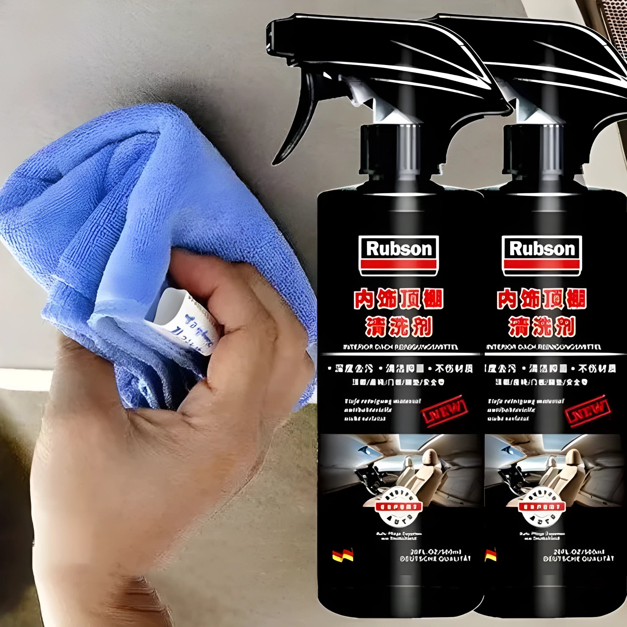 Wash-free fabric roof foam decontamination cleaner bottle with towel and sponge wipes for car interior cleaning.