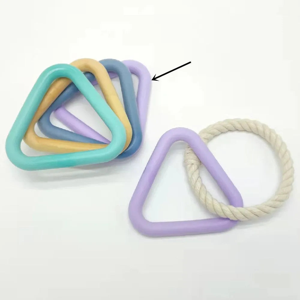 Triangular TPR foam dog tug toy with cotton rope centre, 13.5cm side length, violet colour