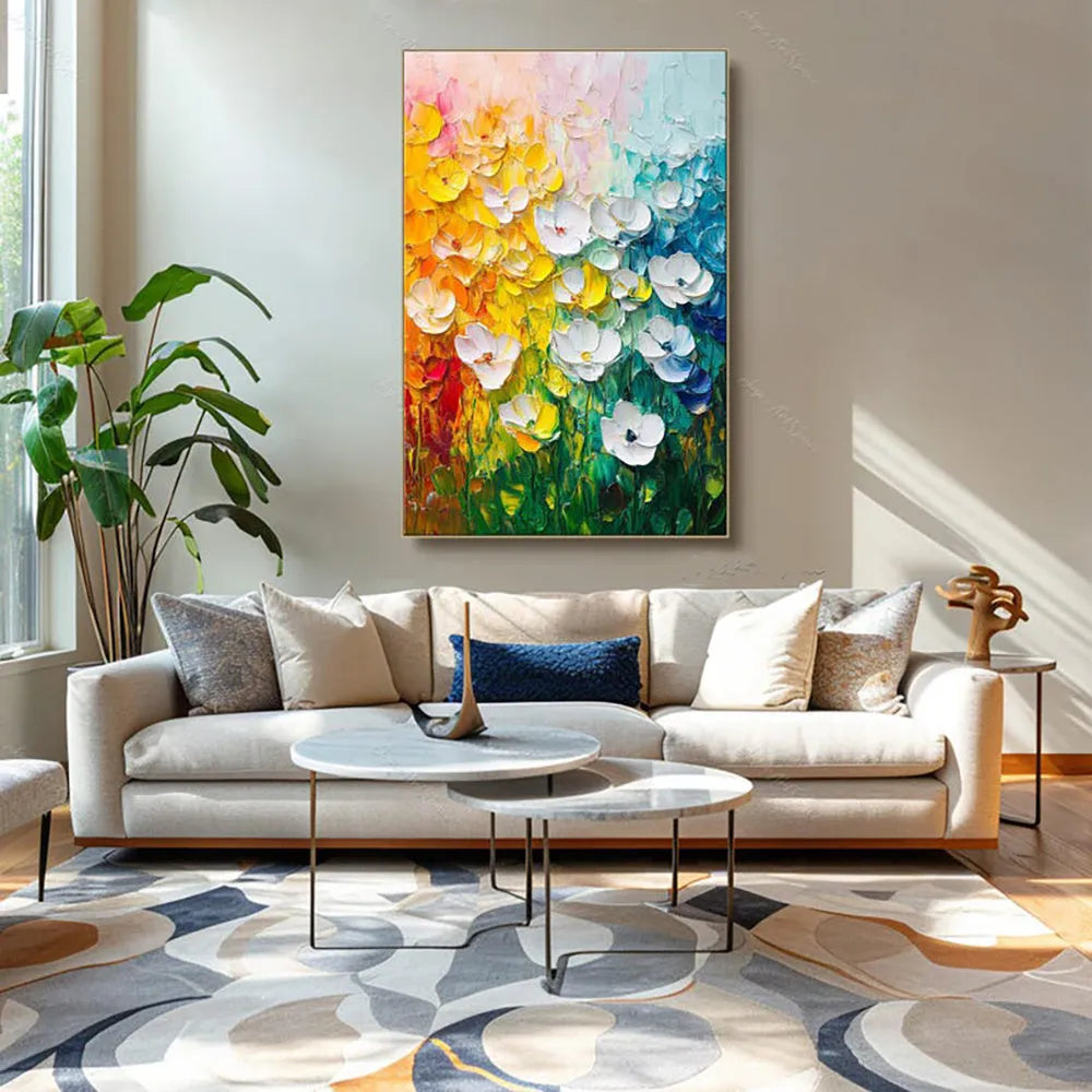 Handmade oil painting on canvas with thick oil texture, vertical modern abstract flower design, rolled and unframed.