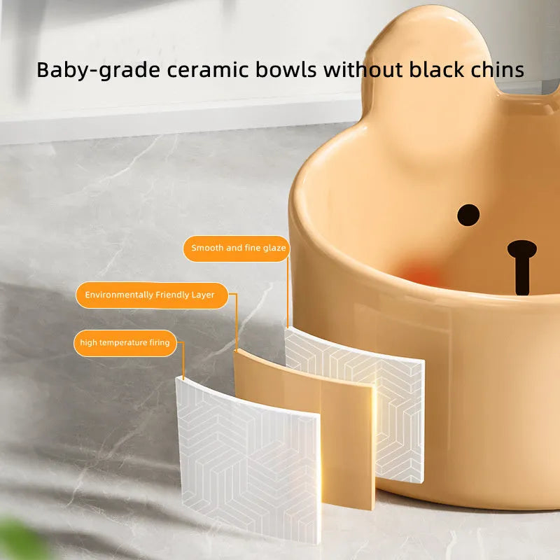 Ceramic pet bowls with neck protection design in white rabbit and brown bear patterns for dogs and cats