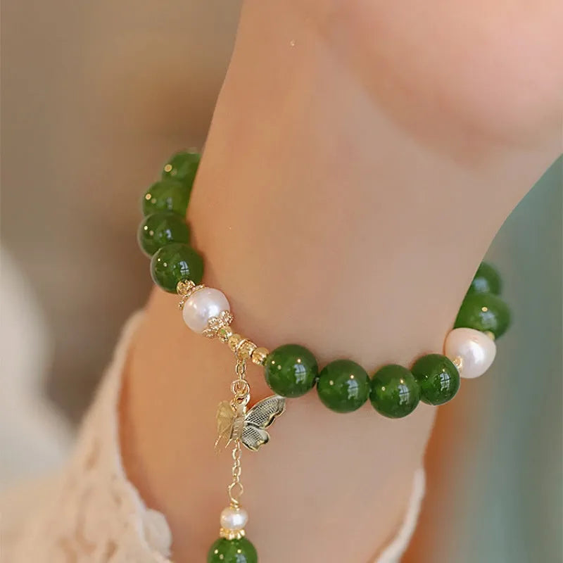 Natural green chalcedony geometric bracelet with round design elements for women