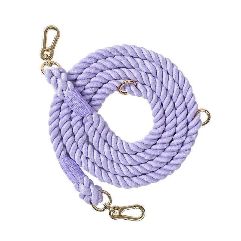 Woven rainbow double-ended dog lead with hand-held rope section in multiple colour options
