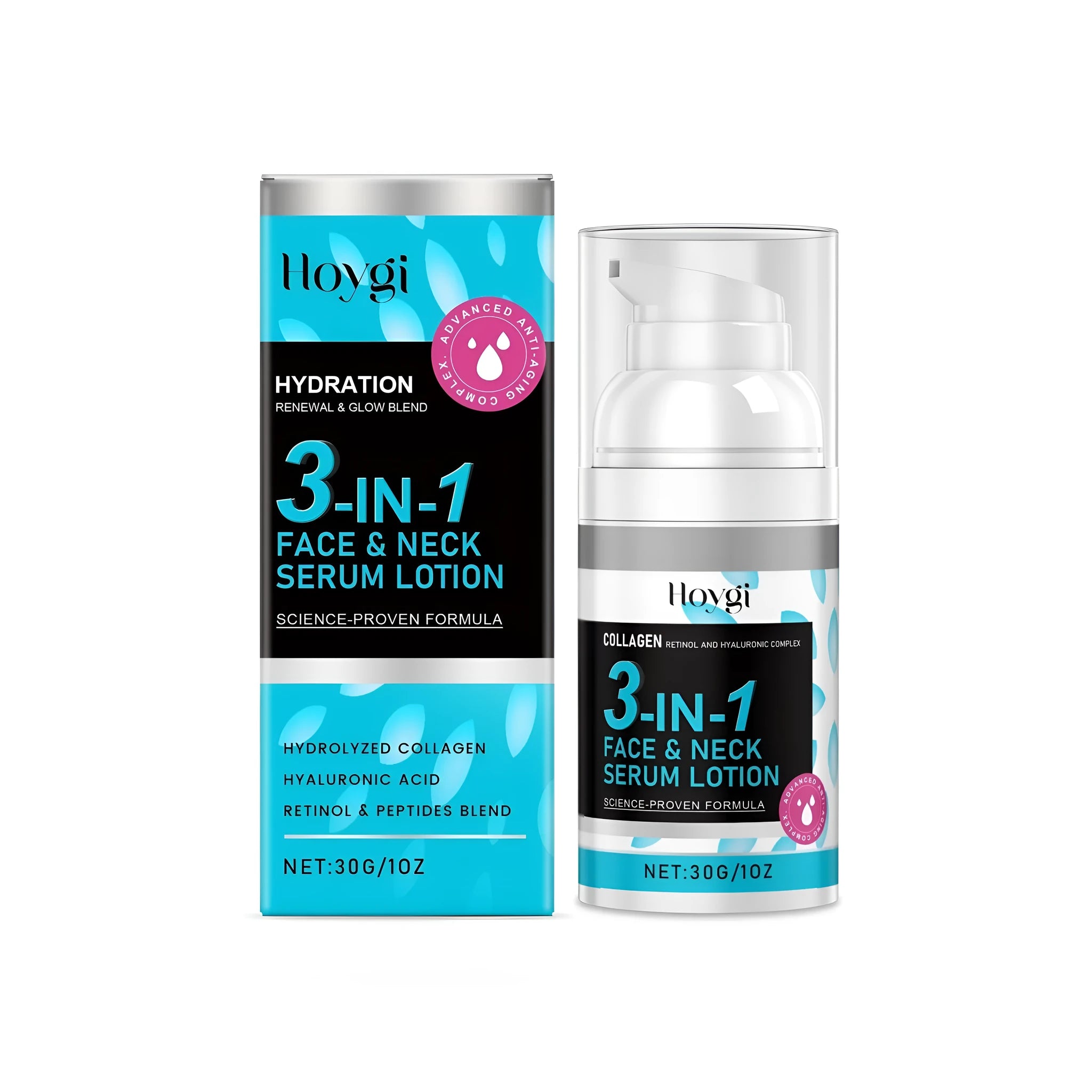 30g bottle of 3-in-1 face and neck serum lotion containing collagen, retinol, and hyaluronic acid.