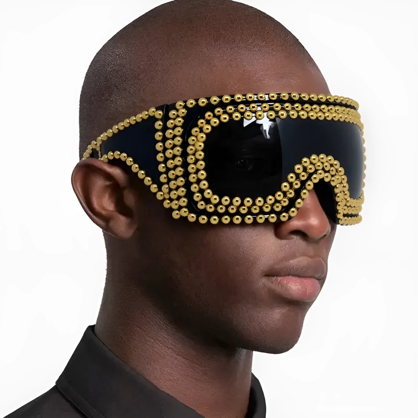 Men's silver punk sunglasses with wide square frame and metal rivet details on the arms.