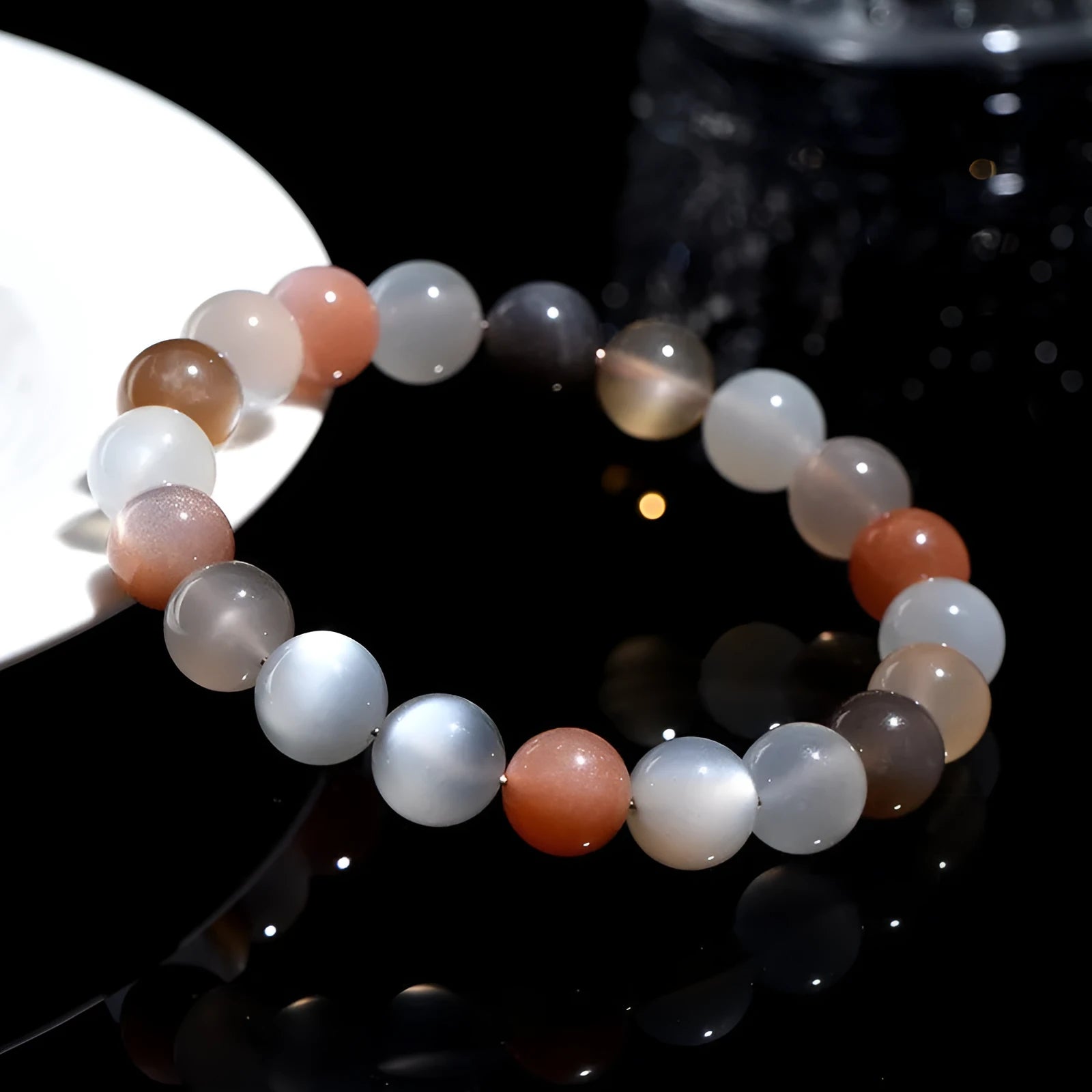 Natural colourful moonlight moonstone bracelet with 8mm beads in a single circle unisex design.