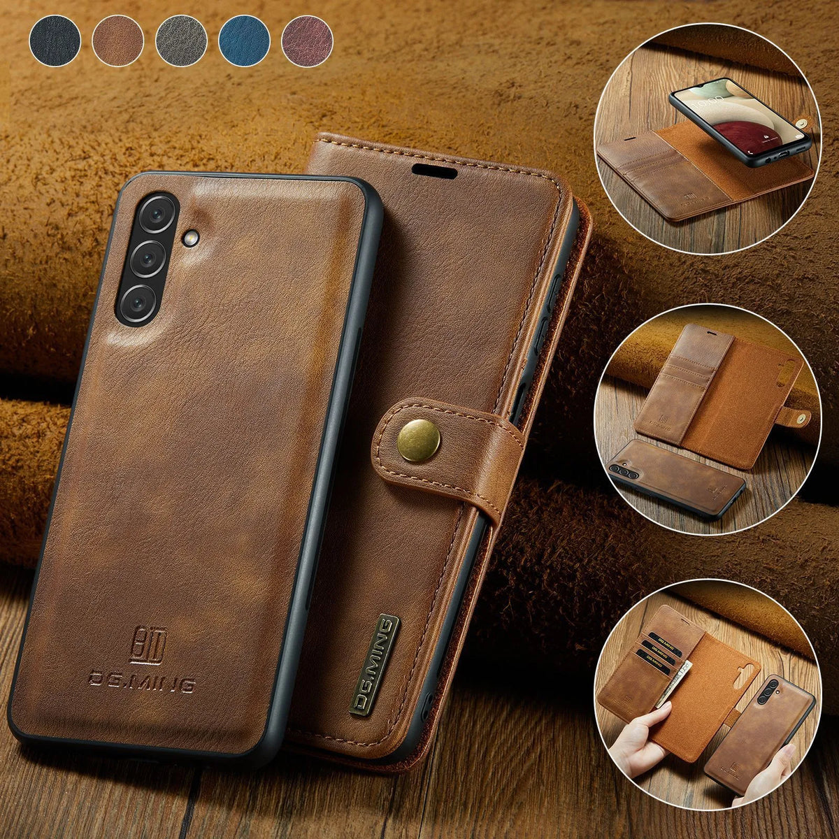 S22 strong magnetic wallet phone case in blue, PU leather with card slots and kickstand