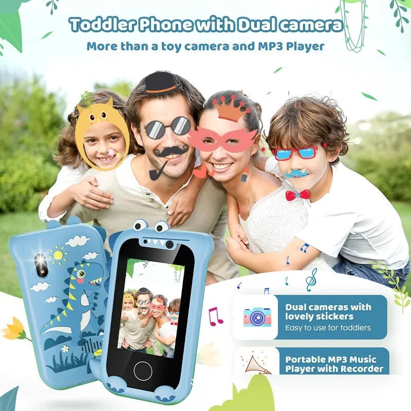 Blue and green bear-shaped handheld touch mobile phone camera toy for children on a white background