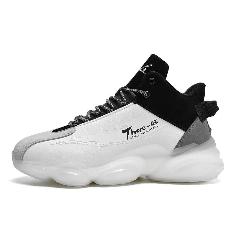 Youth basketball running sneakers in white or black with microfiber upper, TPU popcorn sole, front lace-up, sizes 39-44