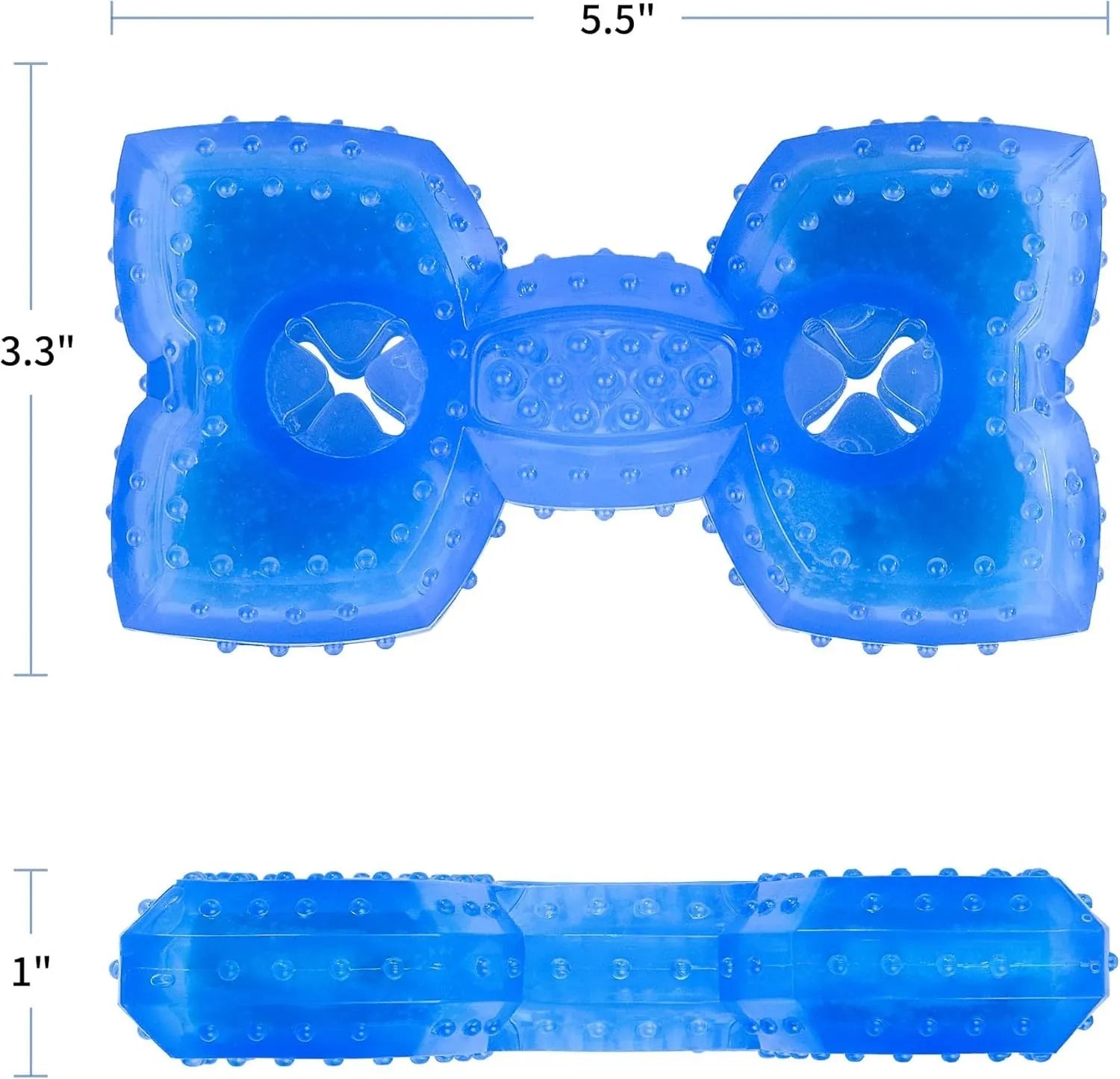 Freezable non-toxic dog cooling chew toy in bone and circle shapes.