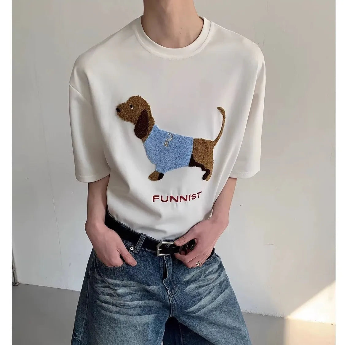 Men's grey cotton t-shirt with embroidered sausage dog design on chest, short sleeves, round neck