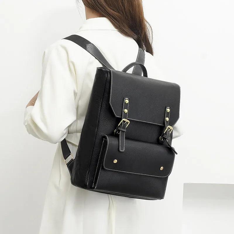 Korean style retro simple backpack in soft PU leather available in four neutral colours