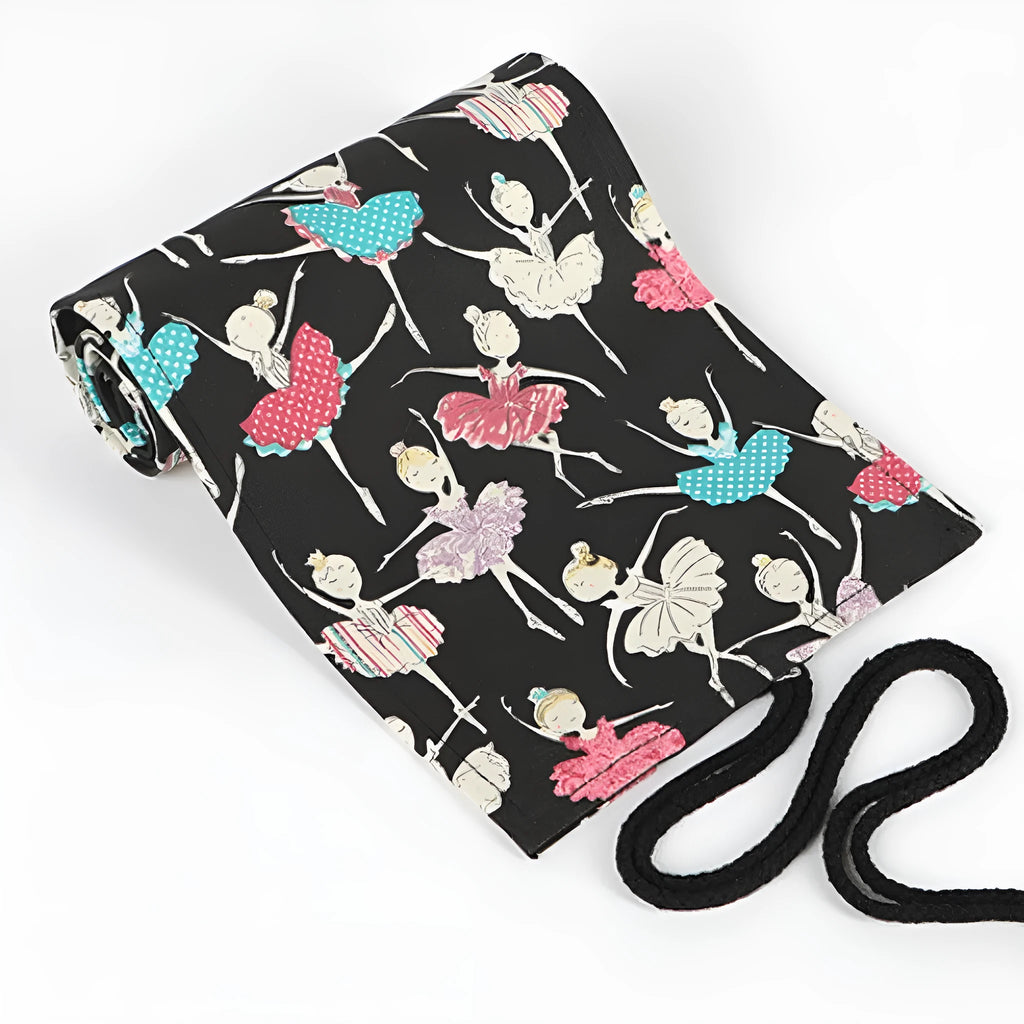 Canvas square rolling pencil case with ballet girl printing showing multiple colour pencils organised in slots