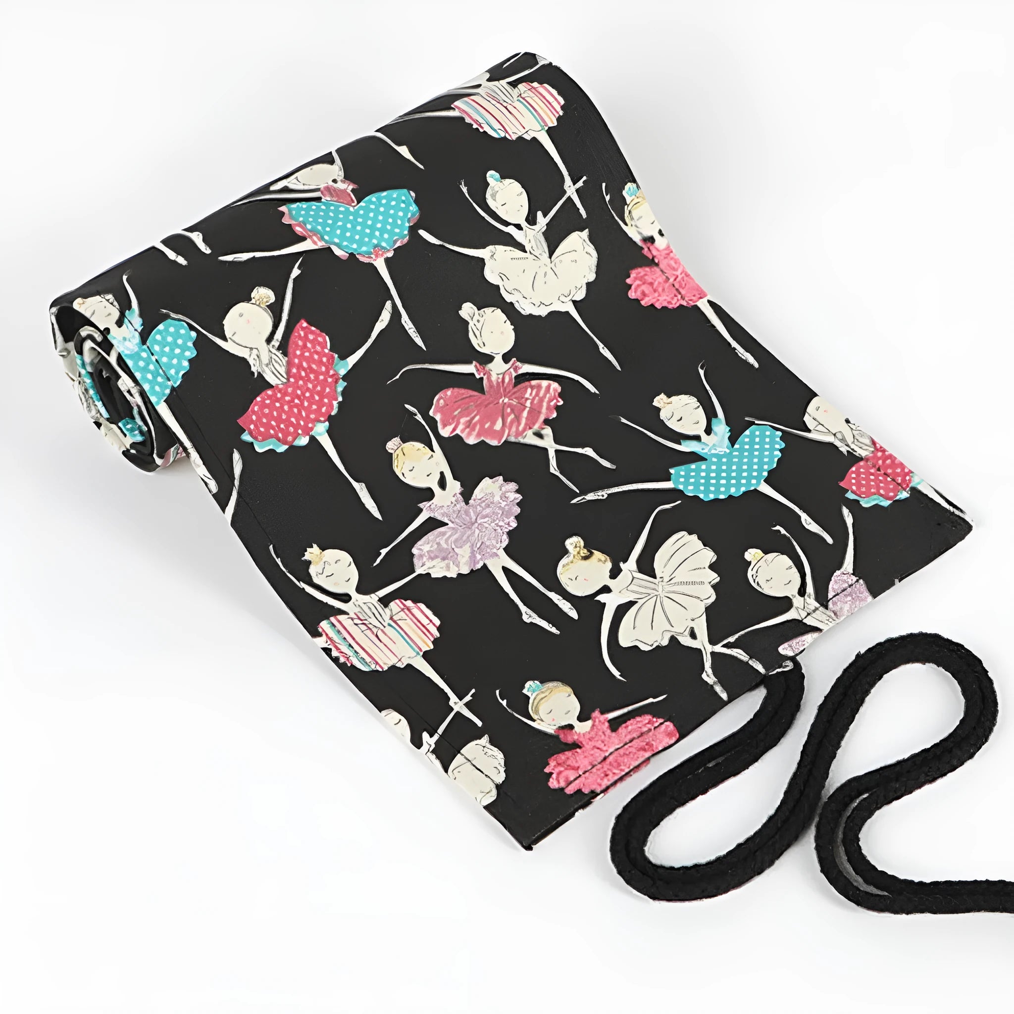 Canvas square rolling pencil case with ballet girl printing showing multiple colour pencils organised in slots
