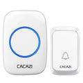 Wireless home doorbell set with white transmitter and receiver on a wall.
