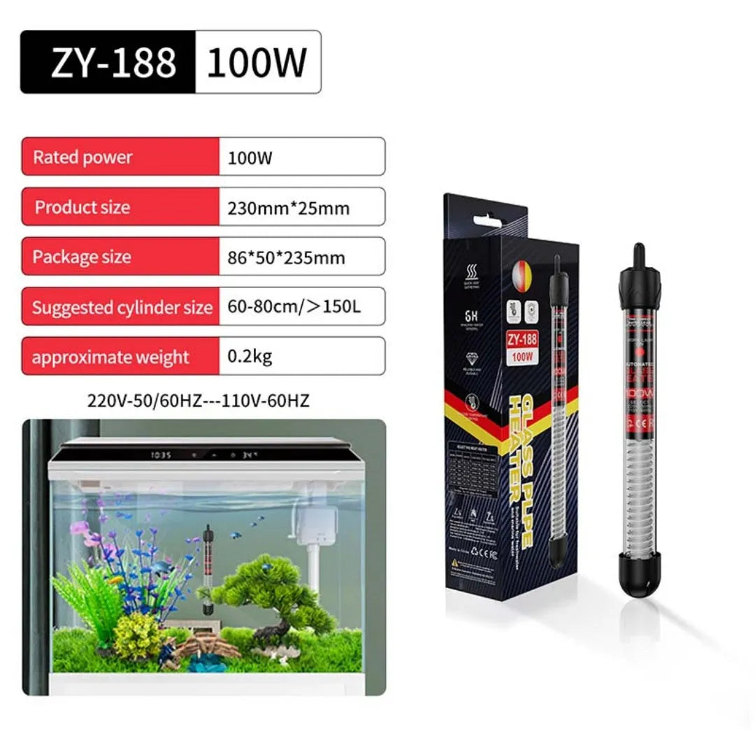 Aquarium glass pipe heater with quartz thermostat for fresh and sea water tanks, available in 25W to 300W.