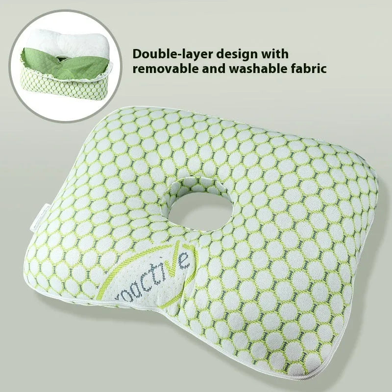 Beauty salon single hole ear pillow with detachable cover in grey, shown next to a towel.