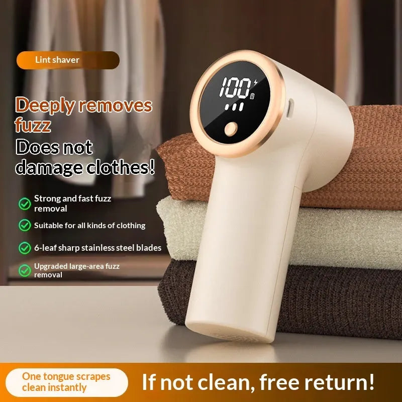 Fur ball trimmer with digital display in ivory white ABS, shown with Type-C cable, spare blade, and cleaning brush