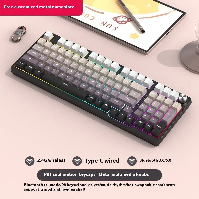 98-key wireless Bluetooth mechanical keyboard kit with metal knob on desk