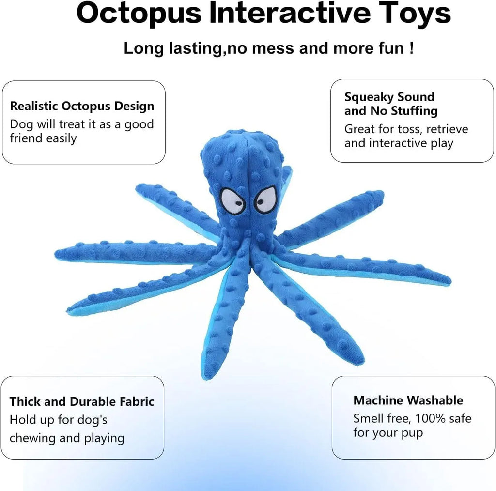 Blue octopus-shaped dog chew toy with tentacles, no stuffing, crinkle and squeaker sounds