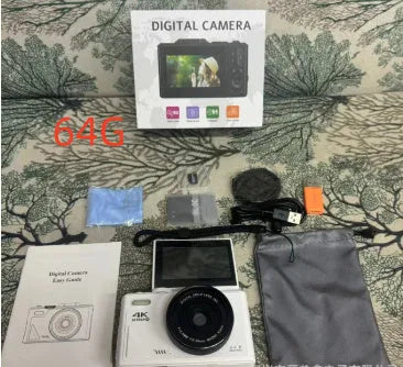 64 million HD mirrorless CCD camera with ABS body, black, front view showing lens and full HD screen