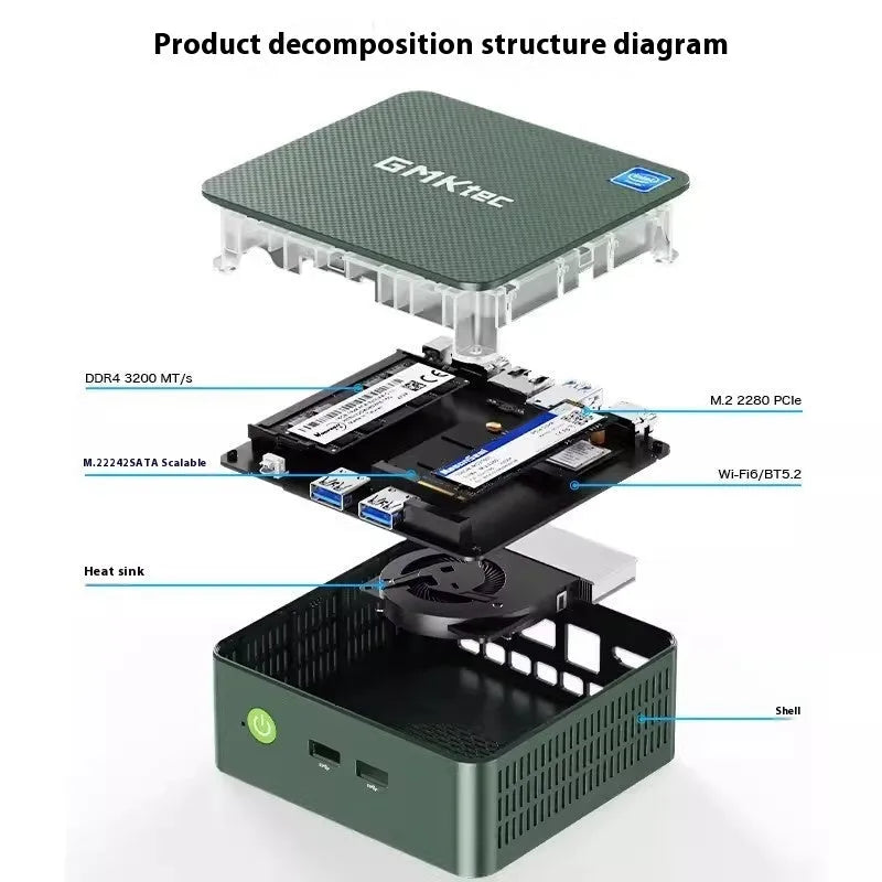 Mini computer host desktop PC with solid state drive and multiple memory options for office and gaming use