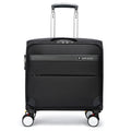 18-inch black Oxford cloth carry-on suitcase with telescopic handle and four spinner wheels.
