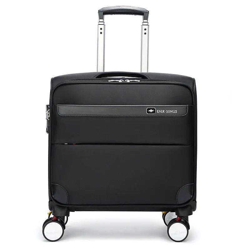 18-inch black Oxford cloth carry-on suitcase with telescopic handle and four spinner wheels.