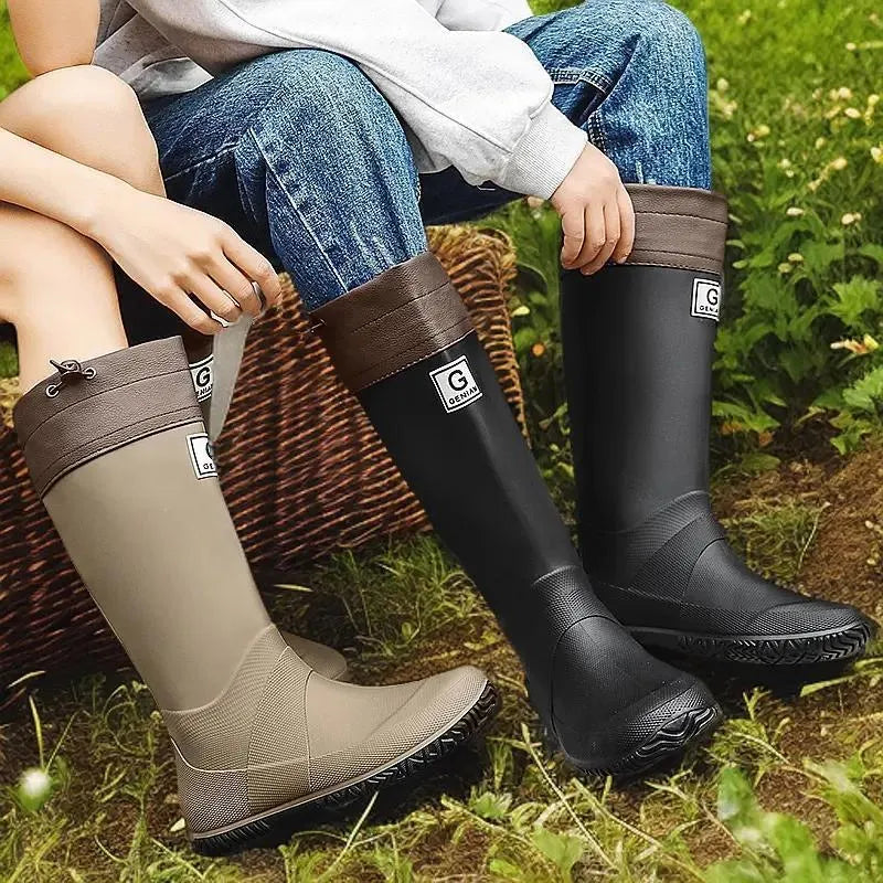 Pair of non-slip rain boots with plastic upper, leather stitching, flat heel and round toe, sizes 36-44