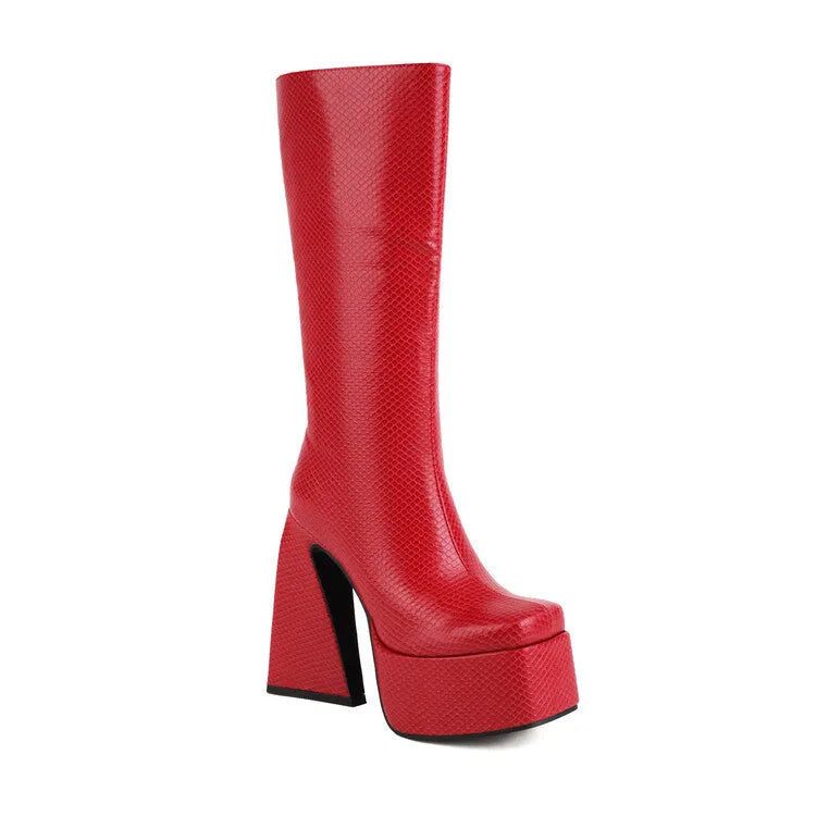 Women's casual boots in artificial PU leather available in black, red, blue, and white colours