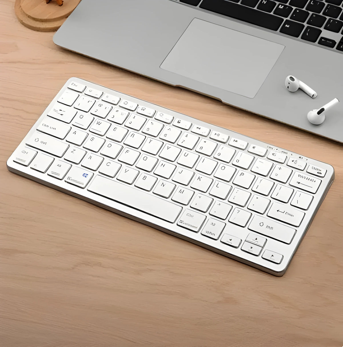 Silver wireless keyboard and mouse set with 78-key compact layout and USB charging cable