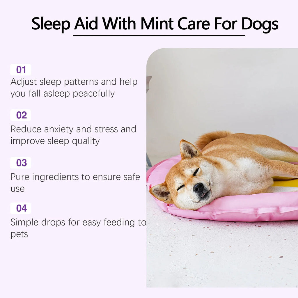 60ml bottle of dog sleep drops with mint extract for canine nighttime relaxation care