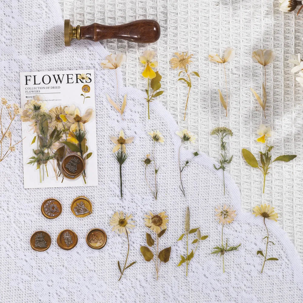 Dried flower journal decoration sticker set showing eight artistic styles on 70mm PET sheets